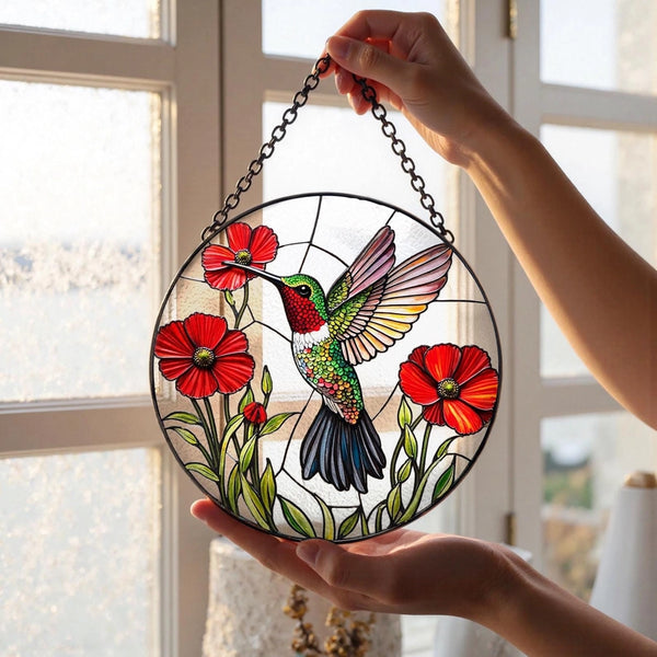 Vibrant Bird and Poppy Stained Glass Suncatcher, Hummingbird