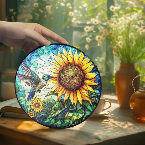 Hummingbird Stained Glass Suncatcher, Sunflower Art