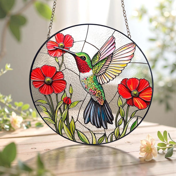 Vibrant Bird and Poppy Stained Glass Suncatcher, Hummingbird
