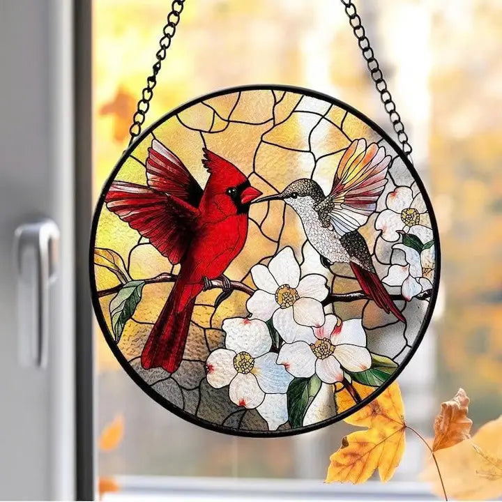 Cardinal & Hummingbird Stained Glass Suncatcher, Cardinal