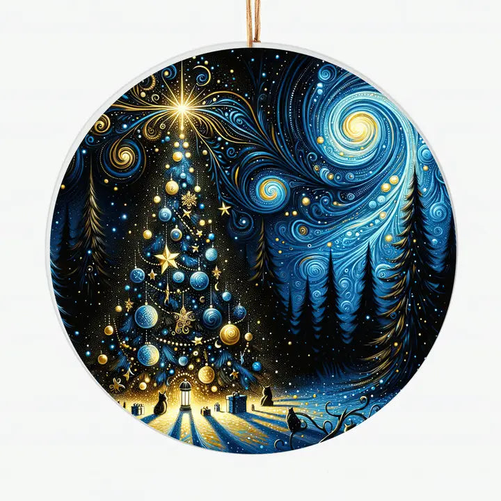 Christmas Tree Ceramic Ornament – Starry Night Winter Scene with Swirling Sky – Unique Holiday Decor For Tree, Mantel, or Gift