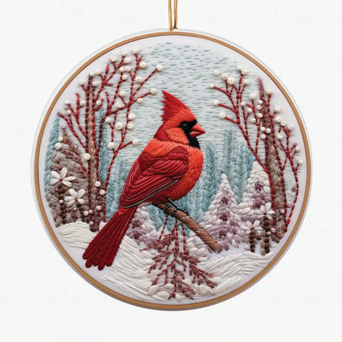 Snowman Ceramic Ornament – Winter Scene with Cozy Cabin & Cardinals – Christmas Tree Decoration or Charming Holiday Gift