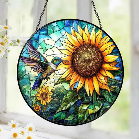 Hummingbird Stained Glass Suncatcher, Sunflower Art