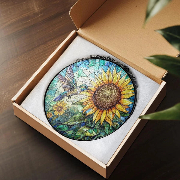 Hummingbird Stained Glass Suncatcher, Sunflower Art