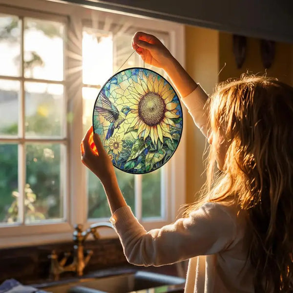 Hummingbird Stained Glass Suncatcher, Sunflower Art