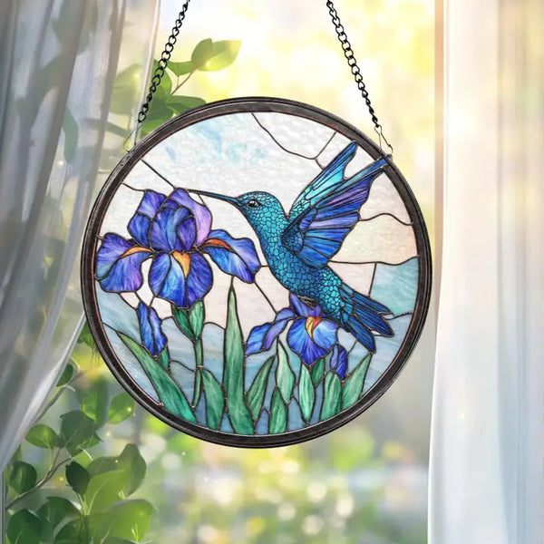 Hummingbird and Iris Flower Suncatcher, Blue Bird Ornament