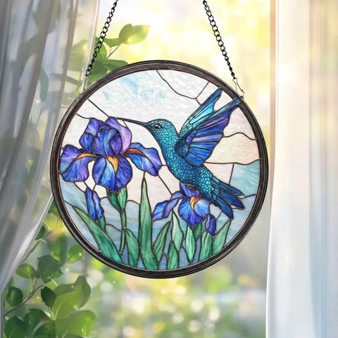 Hummingbird and Iris Flower Suncatcher, Blue Bird Ornament