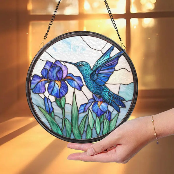 Hummingbird and Iris Flower Suncatcher, Blue Bird Ornament