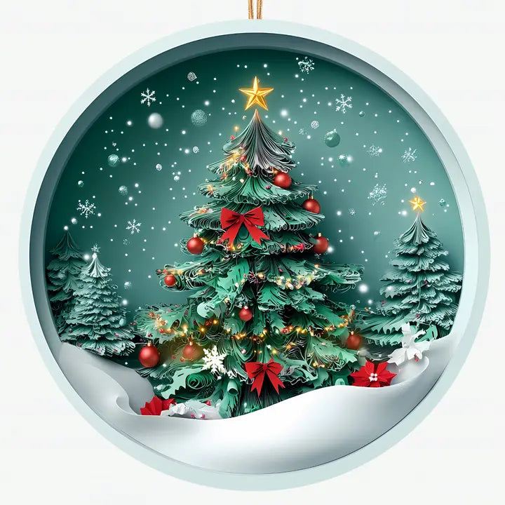 legant Christmas Tree Ceramic Ornament - Festive 3D Design with Red Bows and Snowy Background For Holiday Decor, Perfect Gift Idea