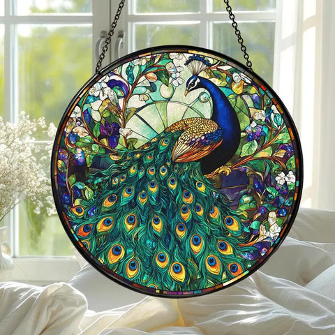 Peacock Stained Glass Suncatcher, Peacock Flowers Decor